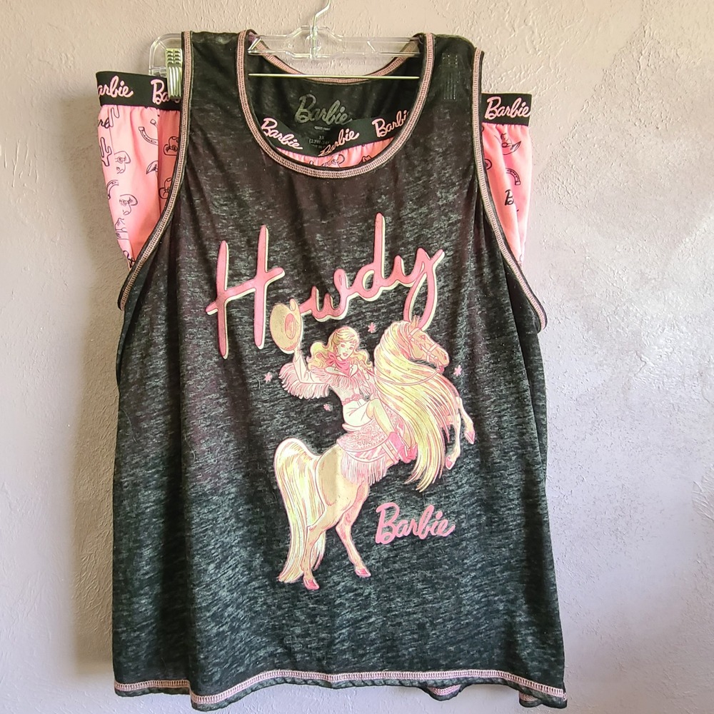 Barbie Sleepwear Set Women 3X Pink Grey Howdy Western Burnout Tank Shorts Set